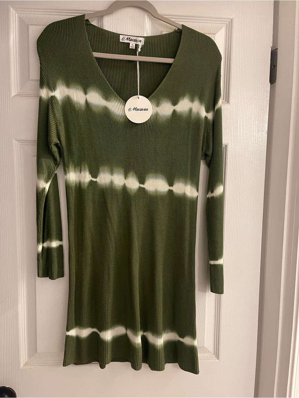 Olive Tie-Dye Ribbed V-neck long sleeve shirt/short  length dress